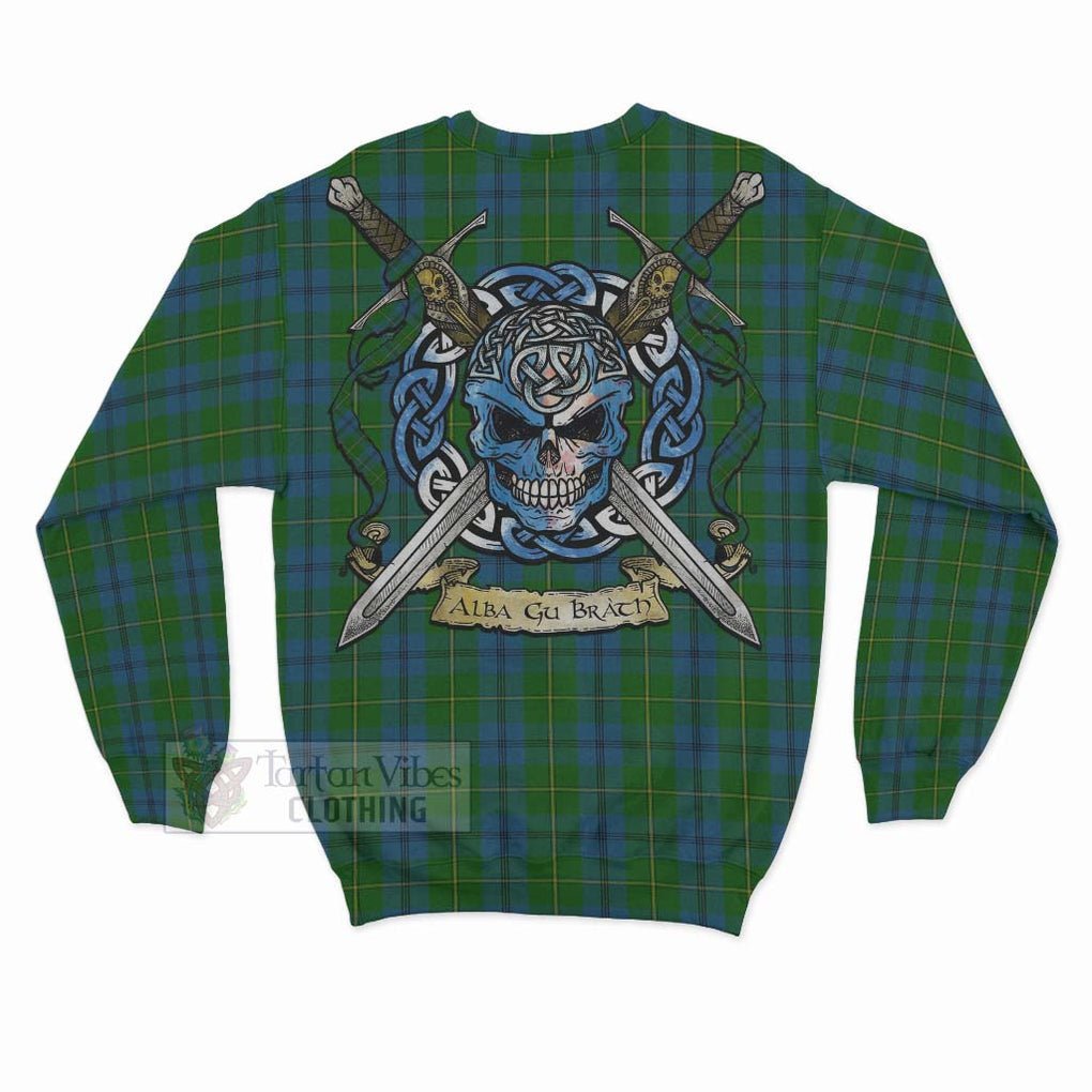 Tartan Vibes Clothing Johnstone (Johnston) Tartan Sweatshirt with Family Crest Celtic Skull Style