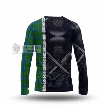 Johnstone (Johnston) Tartan Long Sleeve T-Shirt with Family Crest Cross Sword Thistle Celtic Vibes