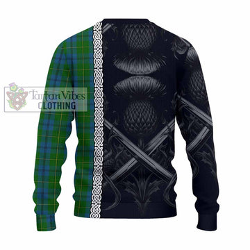 Johnstone (Johnston) Tartan Knitted Sweater with Family Crest Cross Sword Thistle Celtic Vibes