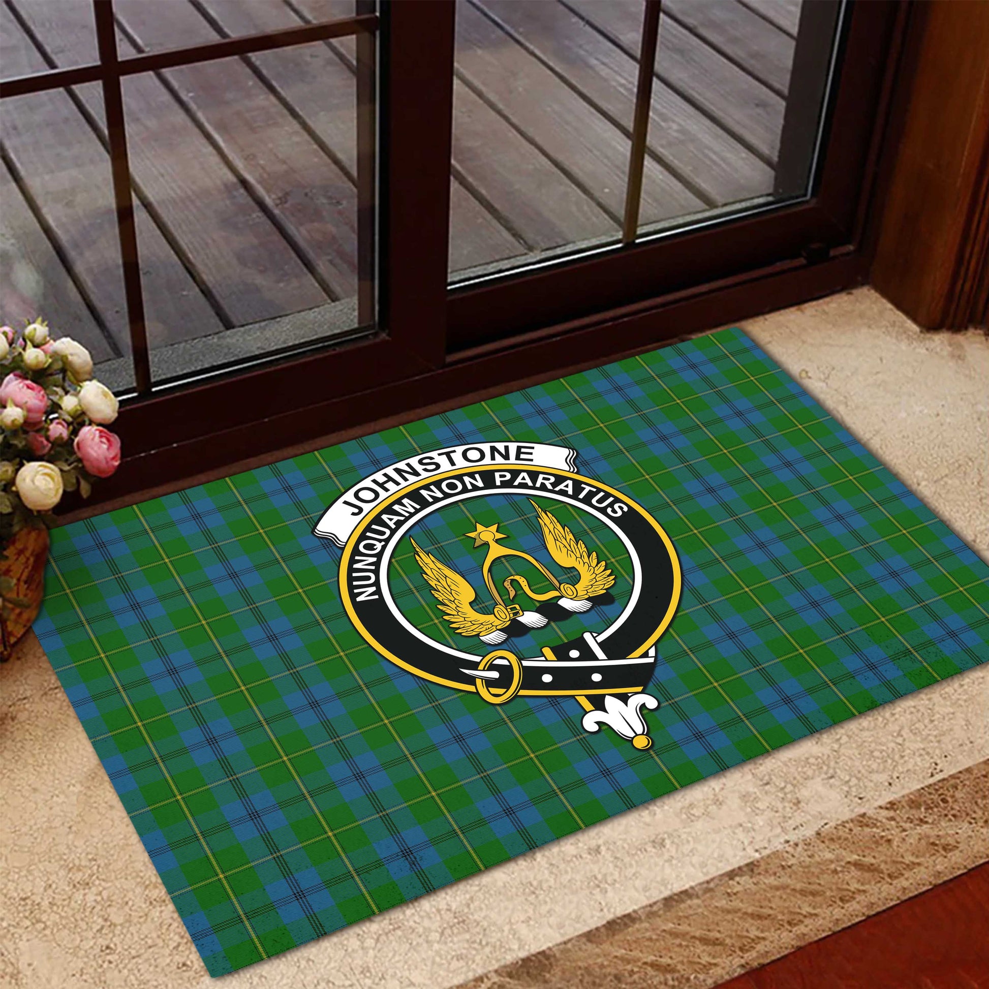 Johnstone-Johnston Tartan Door Mat with Family Crest - Tartanvibesclothing