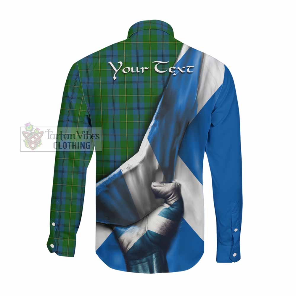 Tartan Vibes Clothing Johnstone (Johnston) Tartan Long Sleeve Button Shirt with Family Crest Scotland Patriotic Style