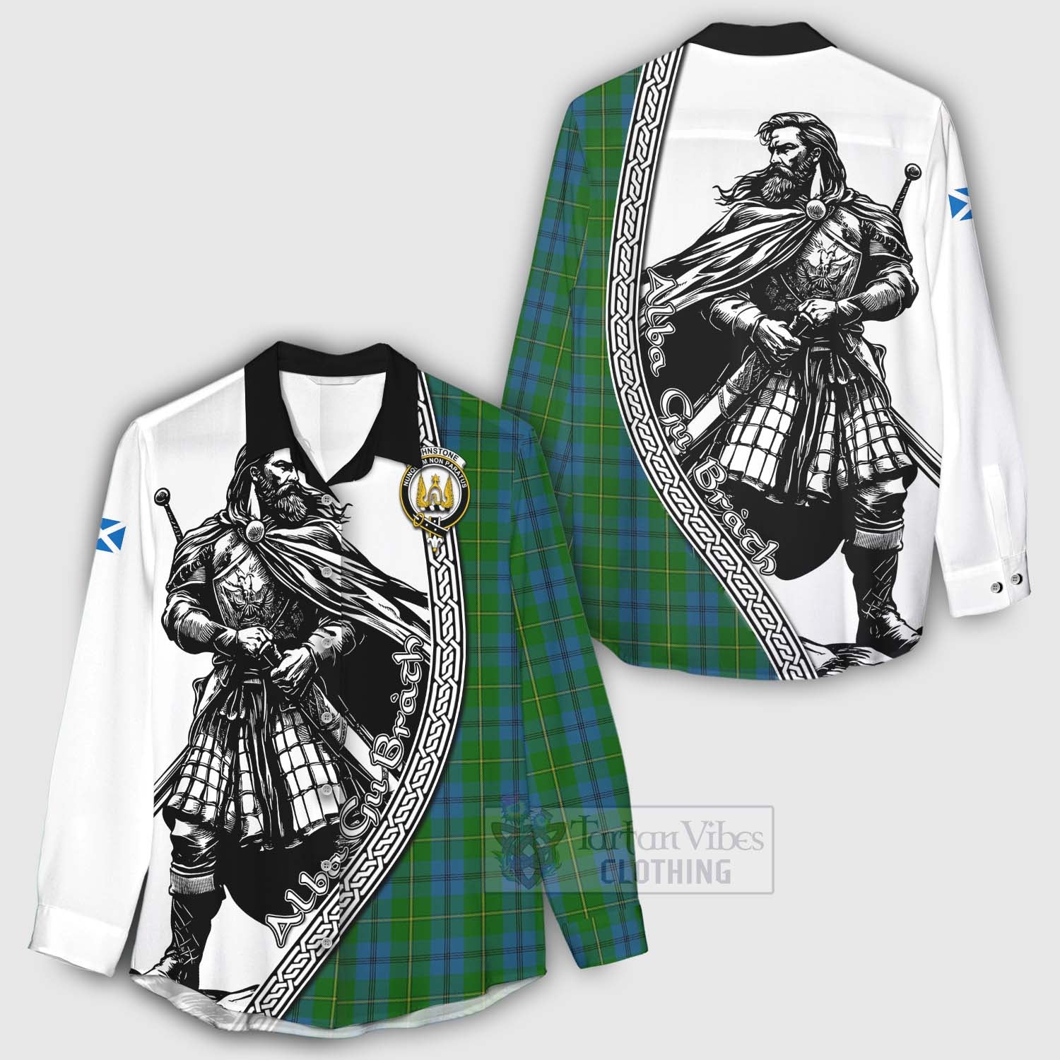 Tartan Vibes Clothing Johnstone (Johnston) Tartan Clan Crest Women's Casual Shirt with Highlander Warrior Celtic Style