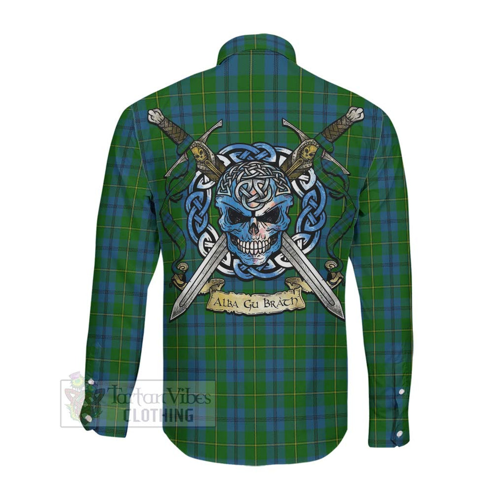 Tartan Vibes Clothing Johnstone (Johnston) Tartan Long Sleeve Button Shirt with Family Crest Celtic Skull Style