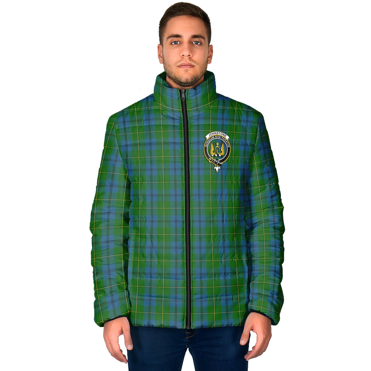 Johnstone (Johnston) Tartan Padded Jacket with Family Crest - Tartan Vibes Clothing