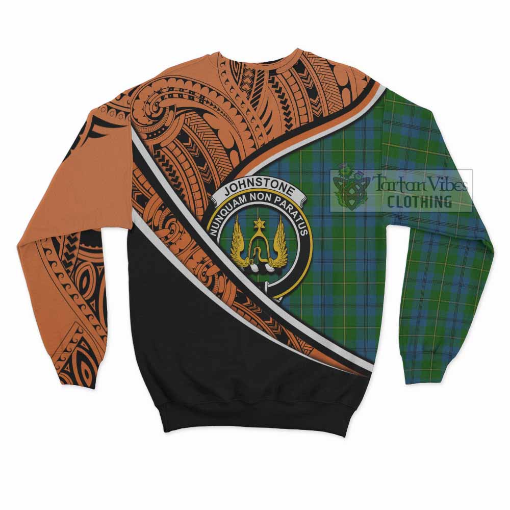 Tartan Vibes Clothing Johnstone (Johnston) Crest Tartan Sweatshirt with Maori Tattoo Style - Orange Version