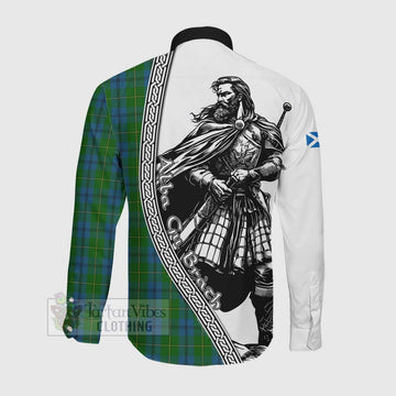 Johnstone (Johnston) Tartan Clan Crest Long Sleeve Button Shirt with Highlander Warrior Celtic Style