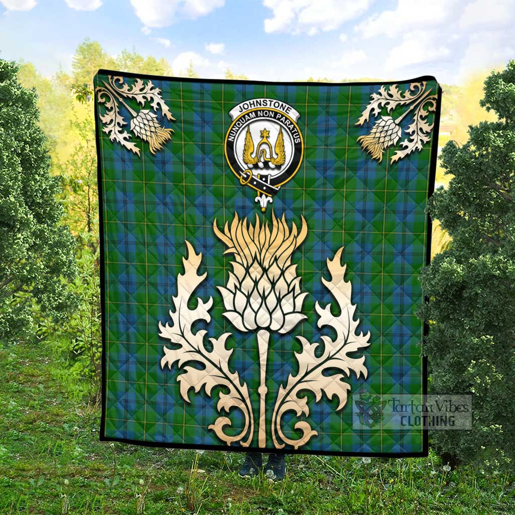 Tartan Vibes Clothing Johnstone (Johnston) Tartan Quilt with Family Crest and Golden Thistle Style