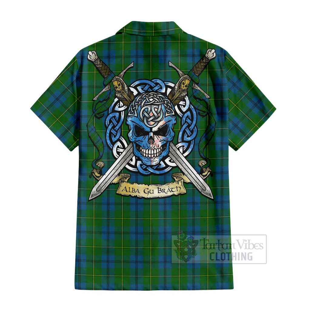 Tartan Vibes Clothing Johnstone (Johnston) Tartan Short Sleeve Button Shirt with Family Crest Celtic Skull Style