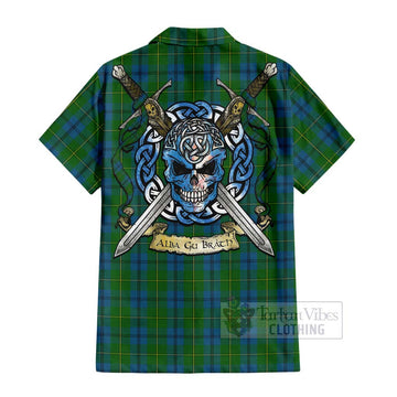 Johnstone (Johnston) Tartan Short Sleeve Button Shirt with Family Crest Celtic Skull Style