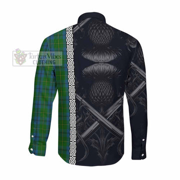 Johnstone (Johnston) Tartan Long Sleeve Button Shirt with Family Crest Cross Sword Thistle Celtic Vibes