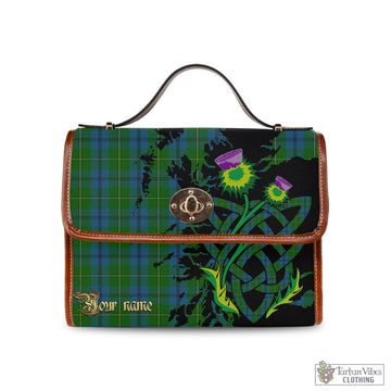 Johnstone (Johnston) Tartan Waterproof Canvas Bag with Scotland Map and Thistle Celtic Accents