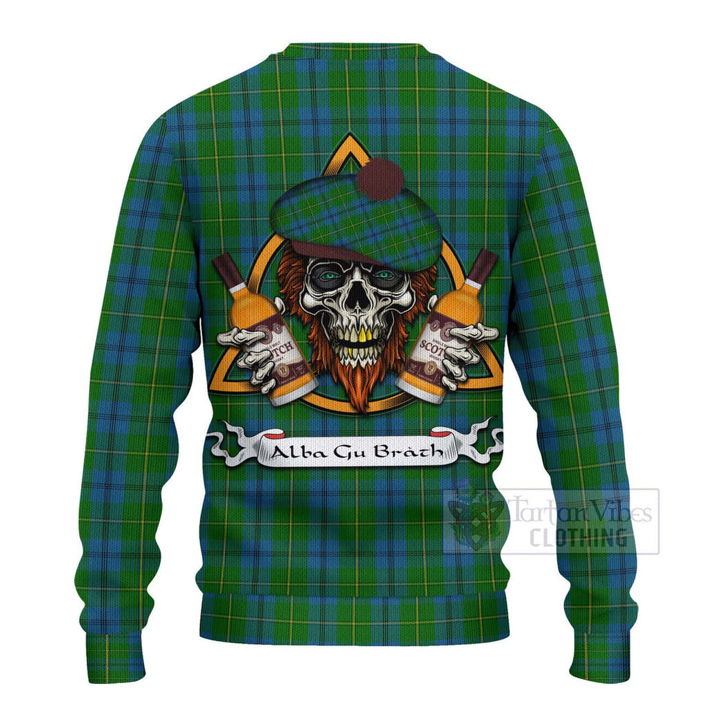 Tartan Vibes Clothing Johnstone (Johnston) Tartan Knitted Sweater with Family Crest and Bearded Skull Holding Bottles of Whiskey