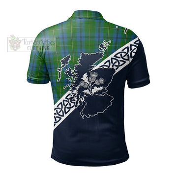 Johnstone (Johnston) Tartan Polo Shirt Featuring Thistle and Scotland Map