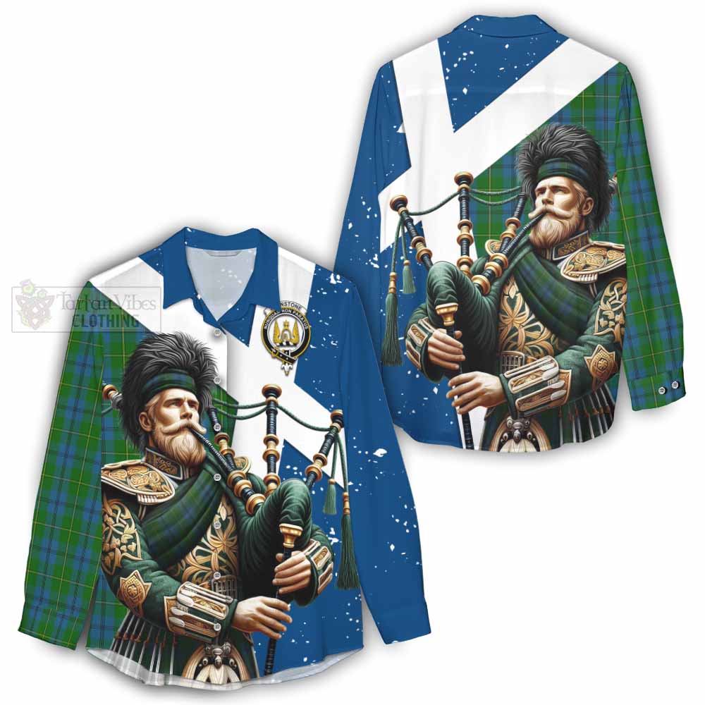 Tartan Vibes Clothing Johnstone (Johnston) Tartan Women's Casual Shirt with Family Crest Scottish Bagpiper Vibes