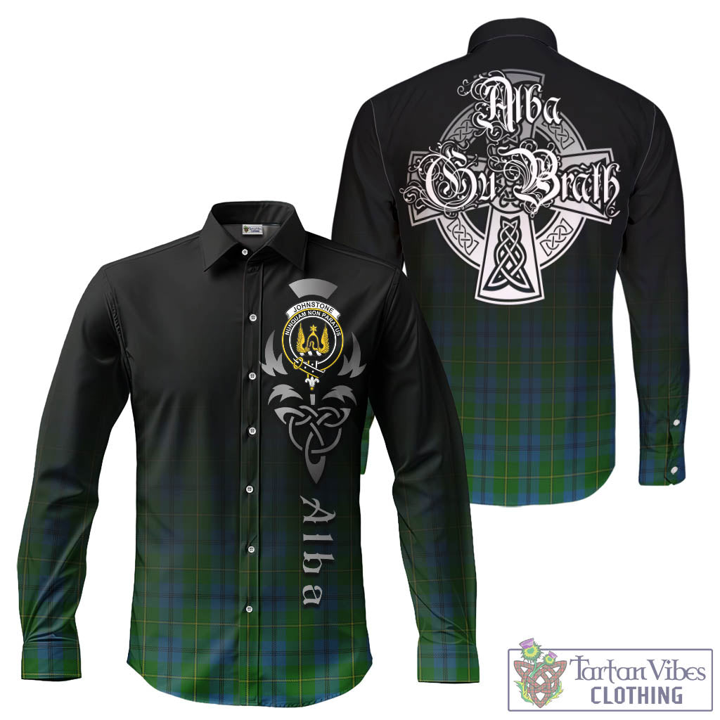 Tartan Vibes Clothing Johnstone-Johnston Tartan Long Sleeve Button Up Featuring Alba Gu Brath Family Crest Celtic Inspired