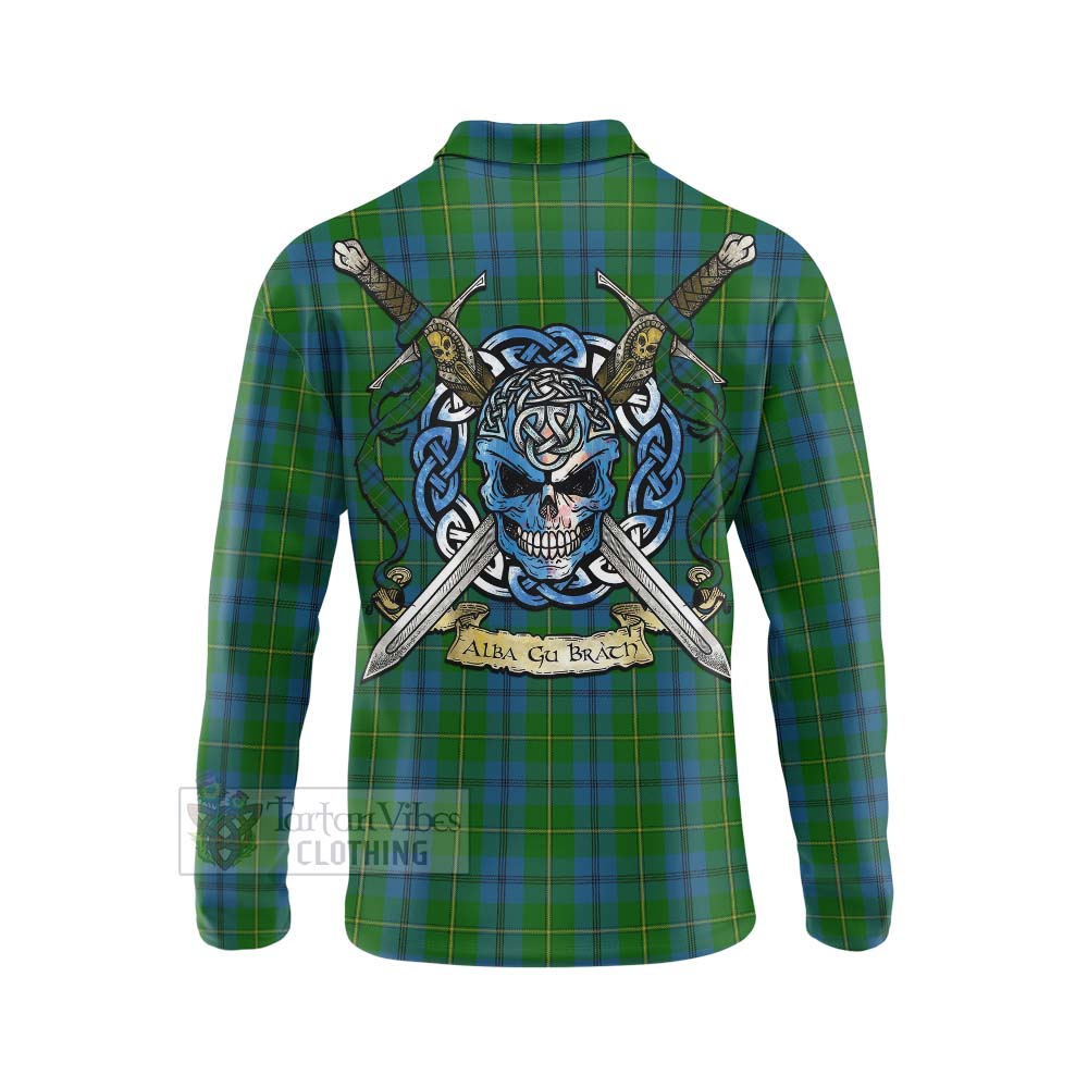 Tartan Vibes Clothing Johnstone (Johnston) Tartan Long Sleeve Polo Shirt with Family Crest Celtic Skull Style