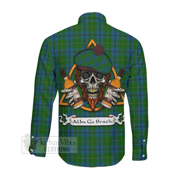 Johnstone (Johnston) Tartan Long Sleeve Button Shirt with Family Crest and Bearded Skull Holding Bottles of Whiskey