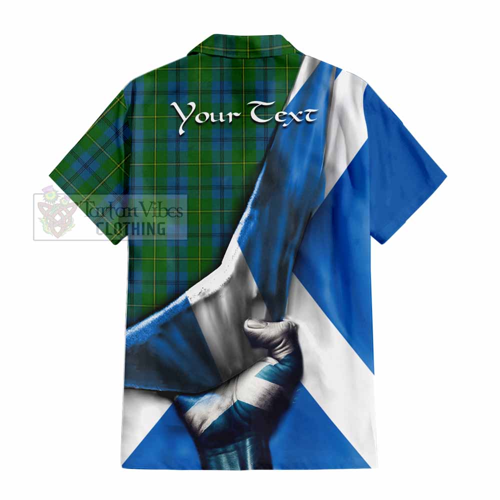 Tartan Vibes Clothing Johnstone (Johnston) Tartan Short Sleeve Button Shirt with Family Crest Scotland Patriotic Style