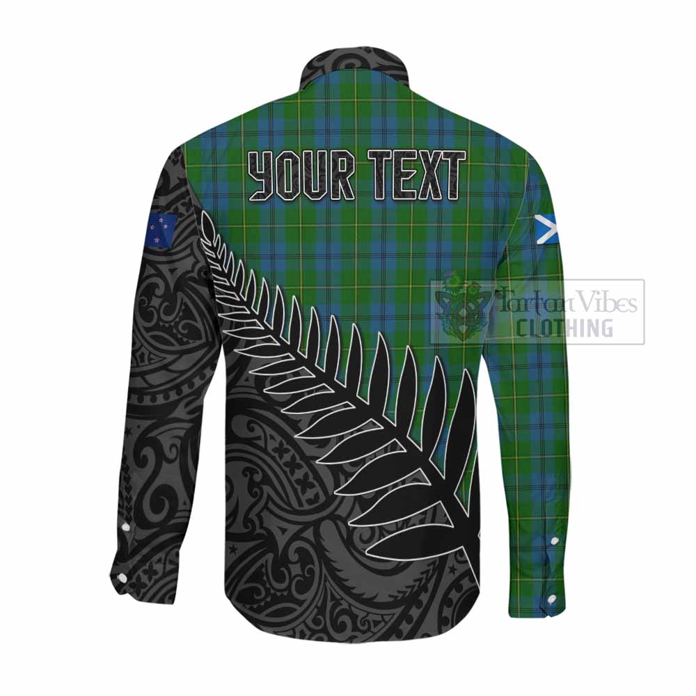 Tartan Vibes Clothing Johnstone (Johnston) Crest Tartan Long Sleeve Button Shirt with New Zealand Silver Fern Half Style