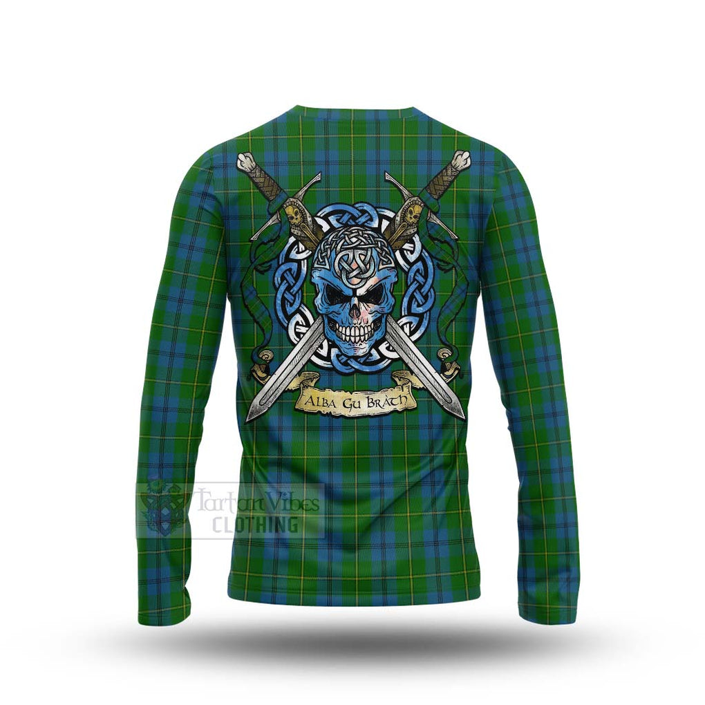 Tartan Vibes Clothing Johnstone (Johnston) Tartan Long Sleeve T-Shirt with Family Crest Celtic Skull Style