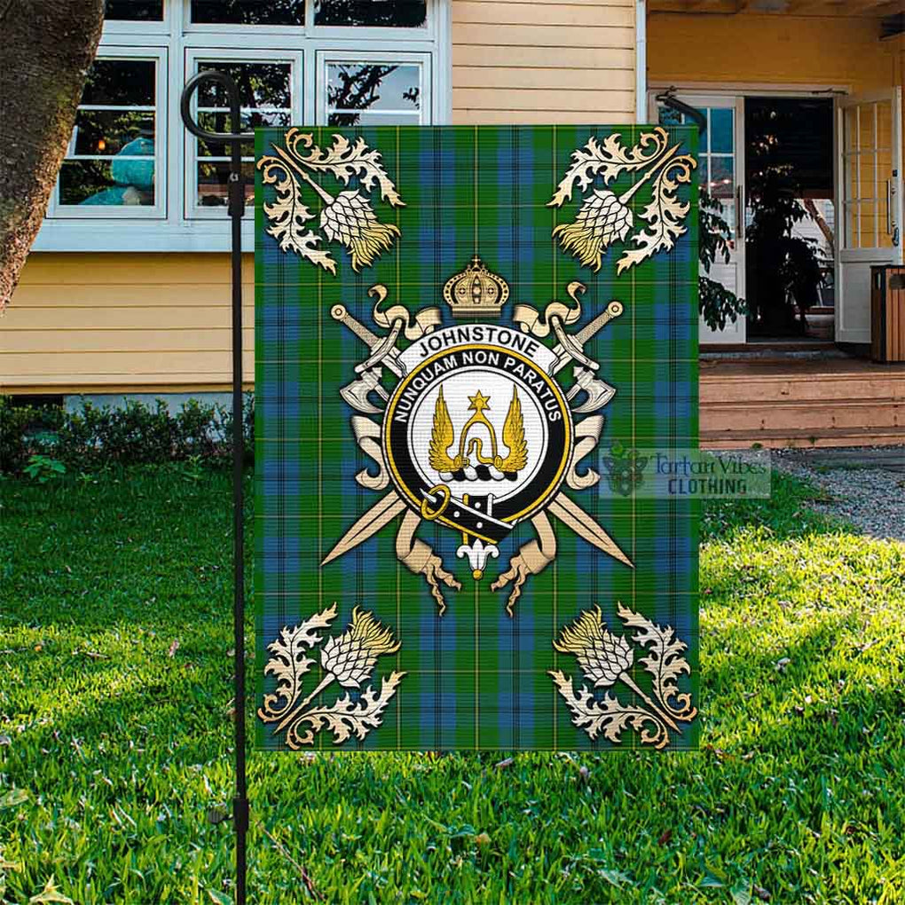 Tartan Vibes Clothing Johnstone (Johnston) Tartan Flag with Family Crest and Golden Thistle Crossed Sword Design