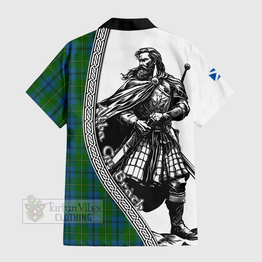 Tartan Vibes Clothing Johnstone (Johnston) Tartan Clan Crest Short Sleeve Button Shirt with Highlander Warrior Celtic Style