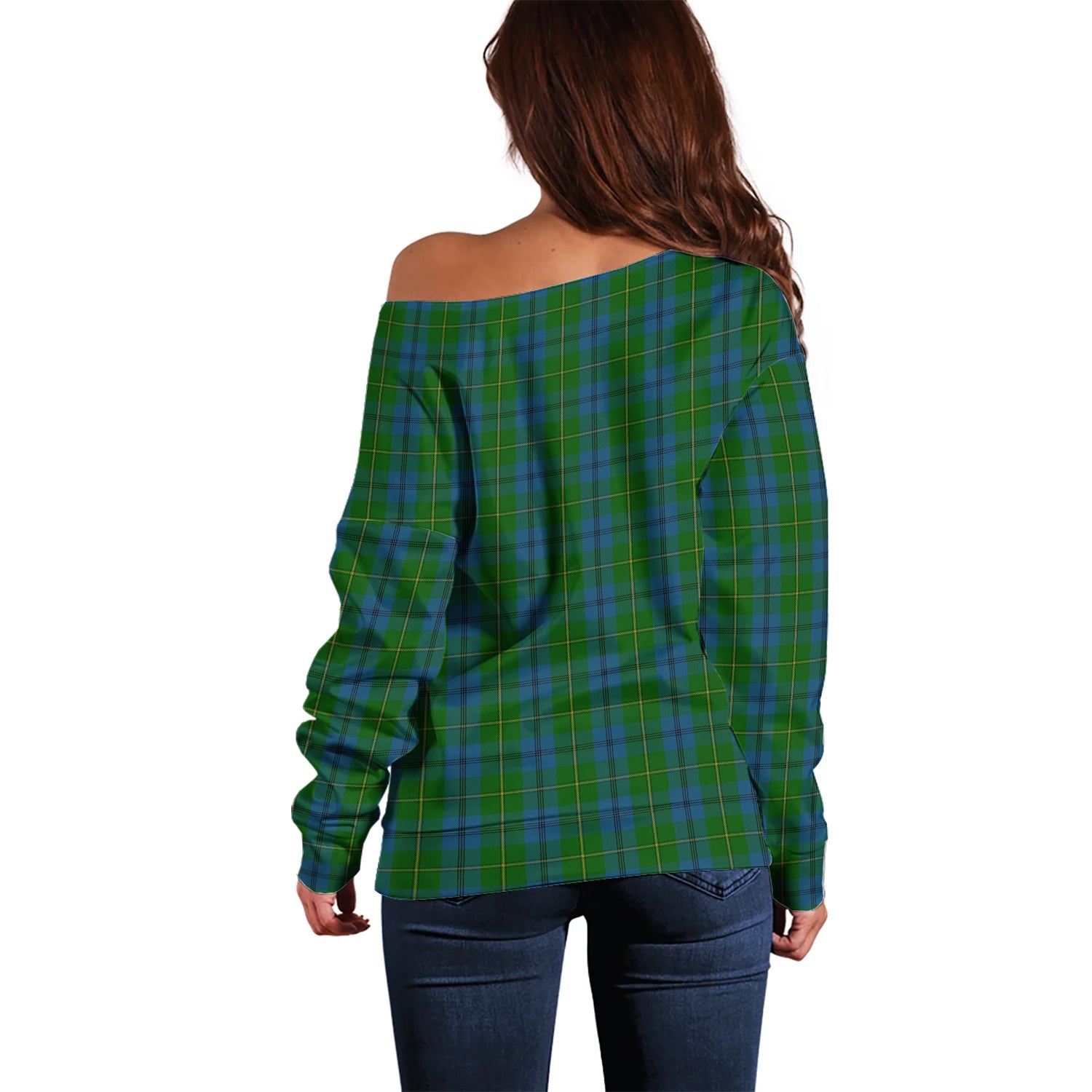 Johnstone-Johnston Tartan Off Shoulder Women Sweater with Family Crest - Tartanvibesclothing