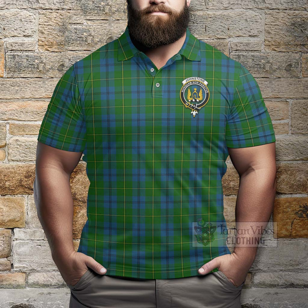 Tartan Vibes Clothing Johnstone (Johnston) Tartan Polo Shirt with Family Crest and Bearded Skull Holding Bottles of Whiskey