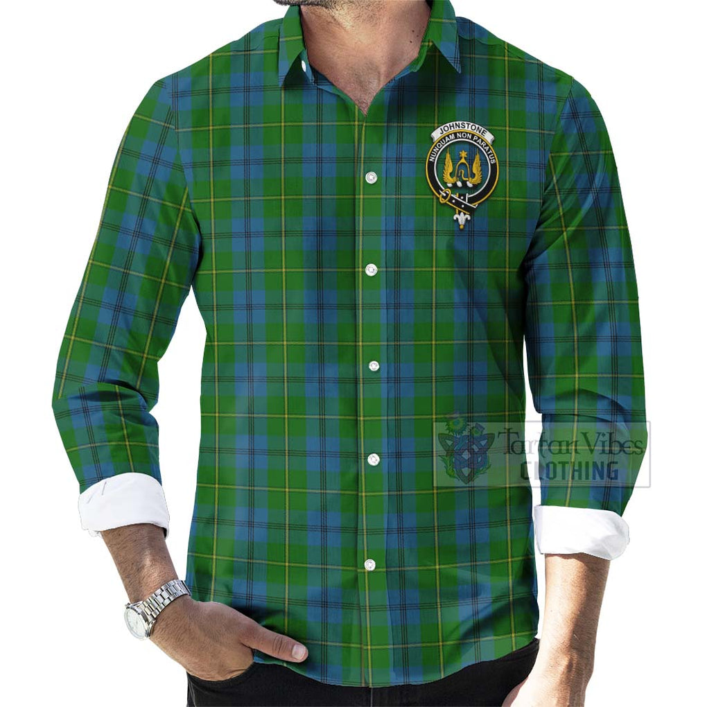 Tartan Vibes Clothing Johnstone (Johnston) Tartan Long Sleeve Button Shirt with Family Crest Celtic Skull Style