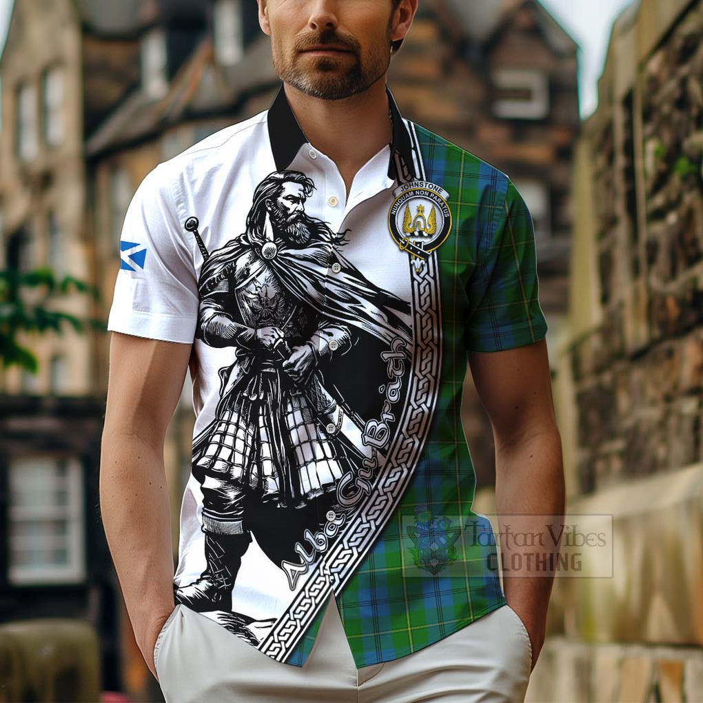 Tartan Vibes Clothing Johnstone (Johnston) Tartan Clan Crest Short Sleeve Button Shirt with Highlander Warrior Celtic Style