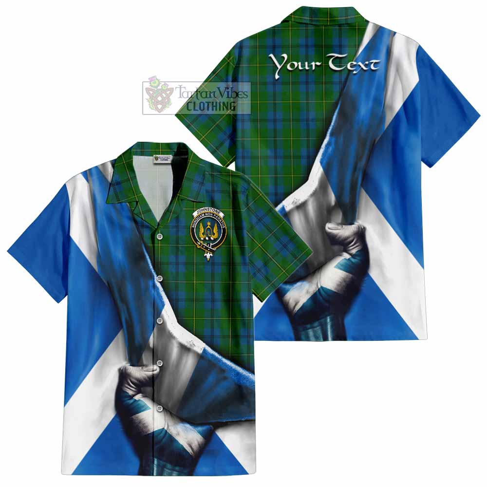 Tartan Vibes Clothing Johnstone (Johnston) Tartan Short Sleeve Button Shirt with Family Crest Scotland Patriotic Style