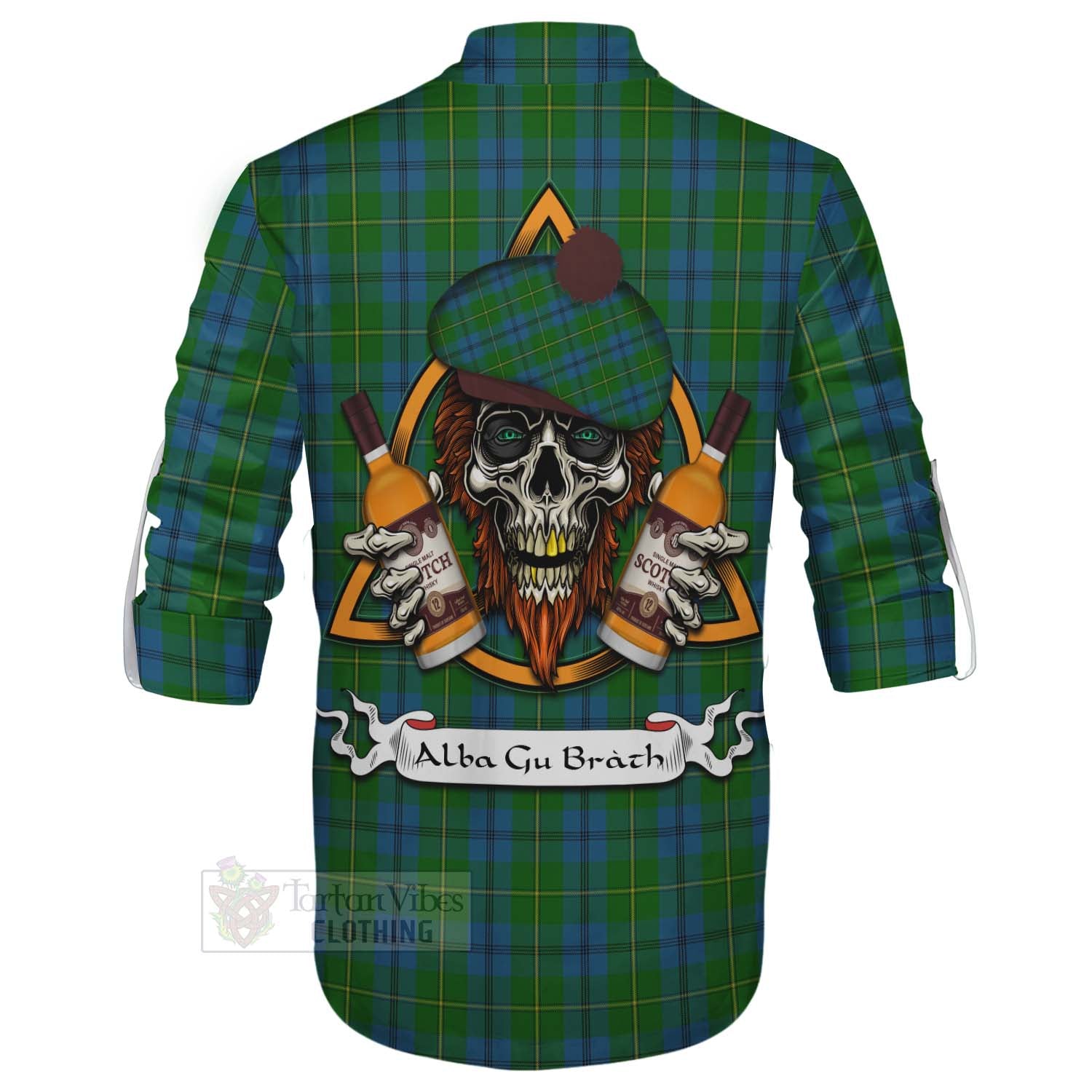 Tartan Vibes Clothing Johnstone (Johnston) Tartan Ghillie Kilt Shirt with Family Crest and Bearded Skull Holding Bottles of Whiskey