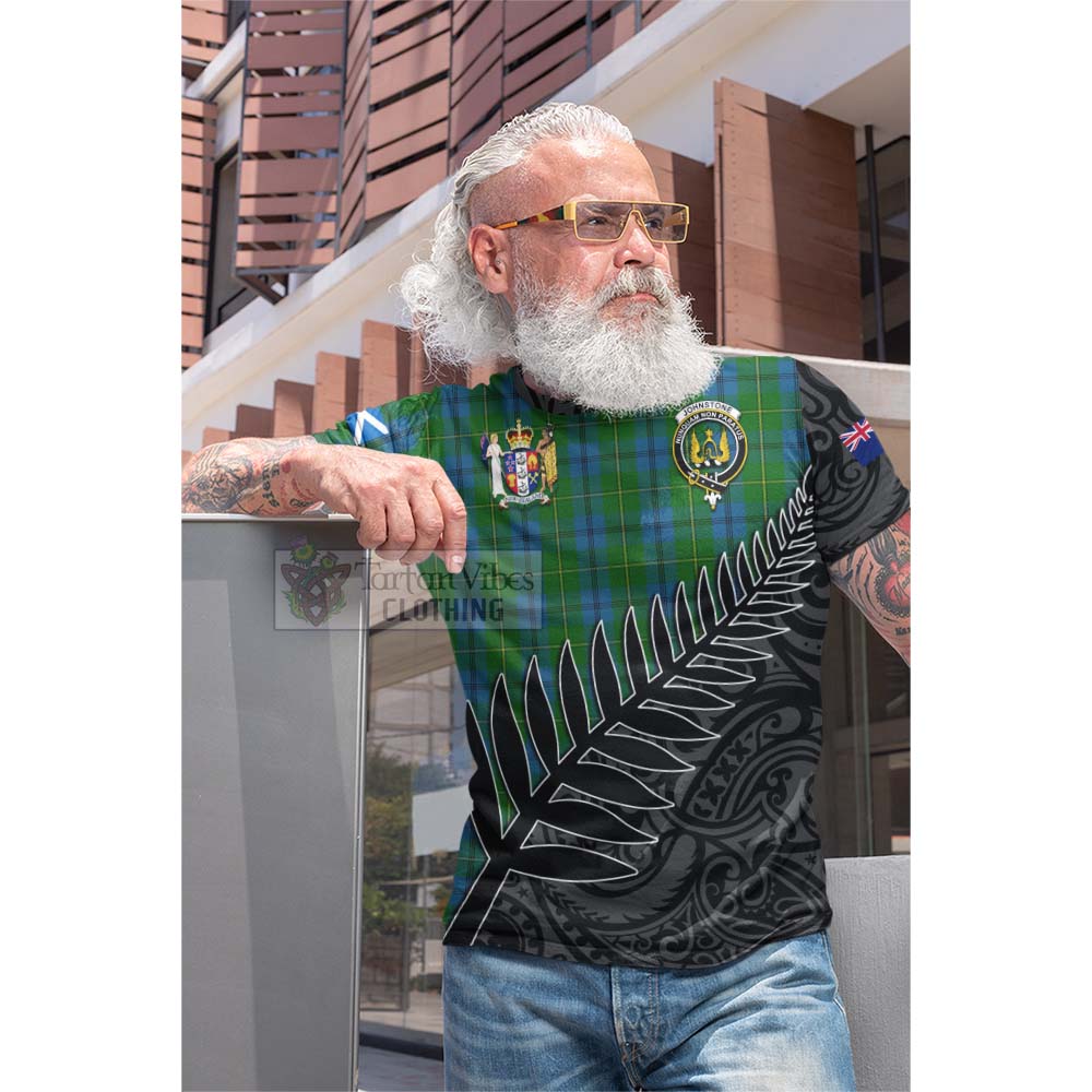 Tartan Vibes Clothing Johnstone (Johnston) Crest Tartan Cotton T-shirt with New Zealand Silver Fern Half Style