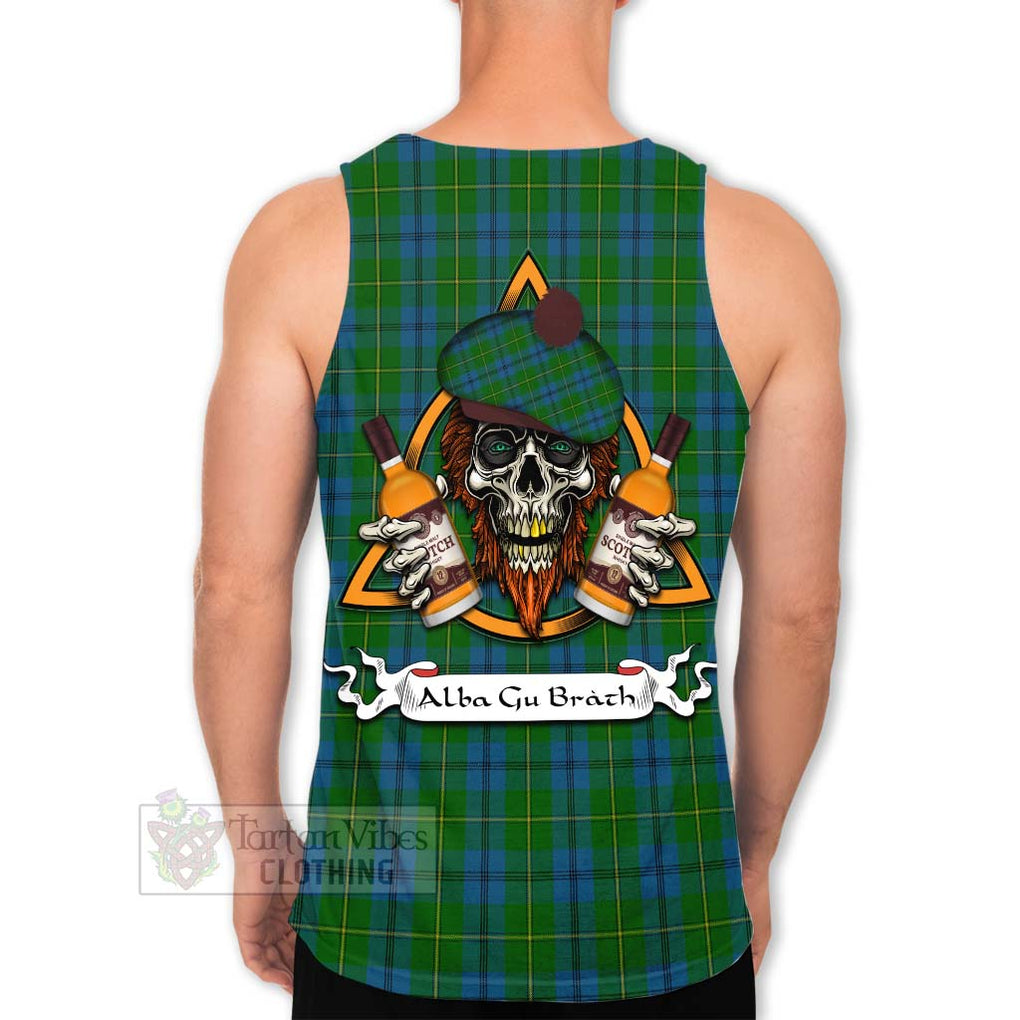 Tartan Vibes Clothing Johnstone (Johnston) Tartan Men's Tank Top with Family Crest and Bearded Skull Holding Bottles of Whiskey