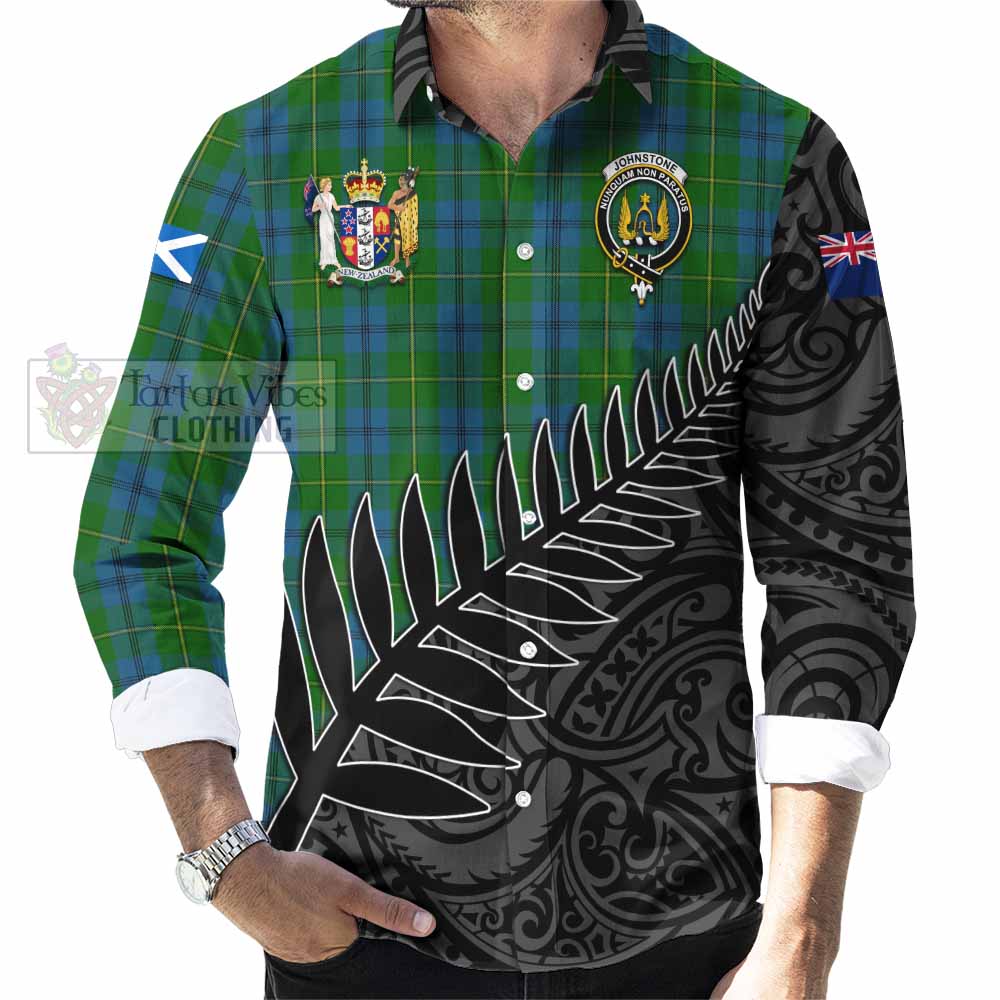 Tartan Vibes Clothing Johnstone (Johnston) Crest Tartan Long Sleeve Button Shirt with New Zealand Silver Fern Half Style