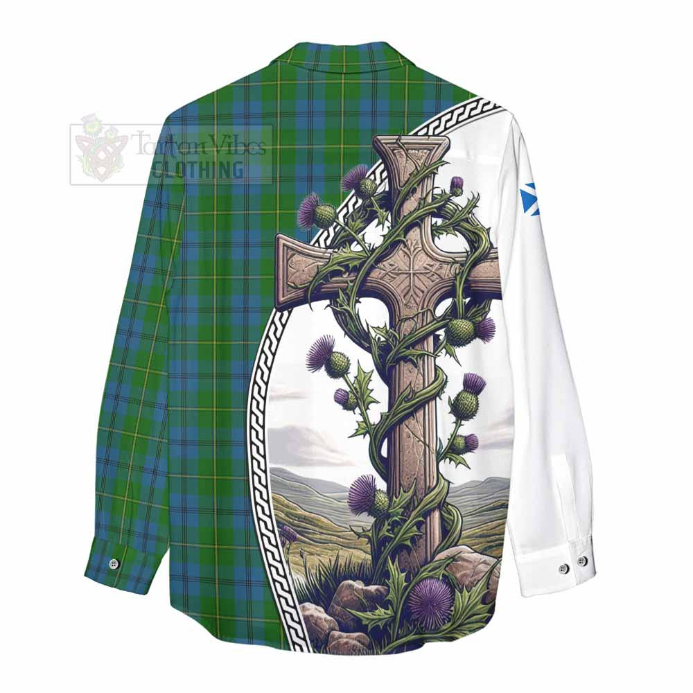 Tartan Vibes Clothing Johnstone (Johnston) Tartan Women's Casual Shirt with Family Crest and St. Andrew's Cross Accented by Thistle Vines