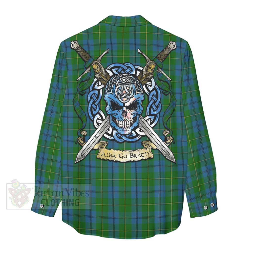 Tartan Vibes Clothing Johnstone (Johnston) Tartan Women's Casual Shirt with Family Crest Celtic Skull Style