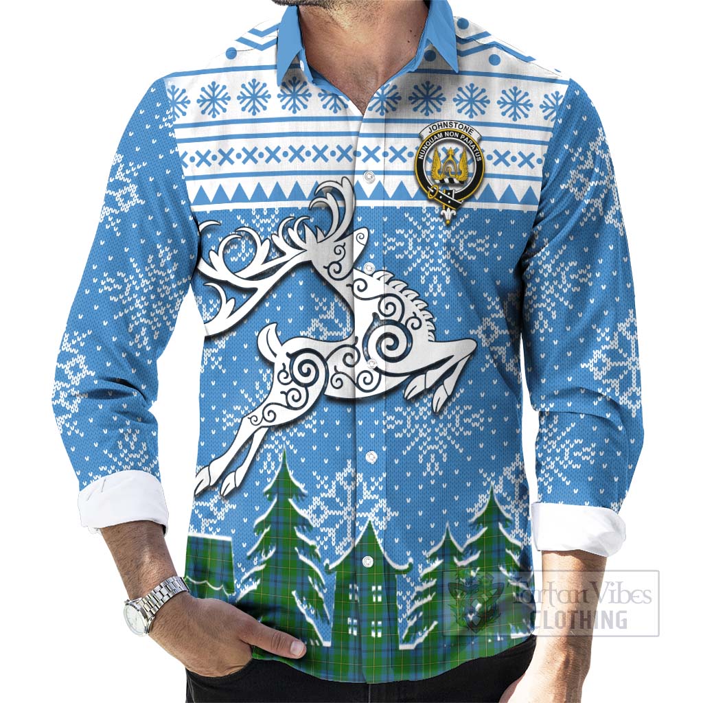 Tartan Vibes Clothing Johnstone (Johnston) Clan Christmas Long Sleeve Button Shirt Celtic Reindeer Style