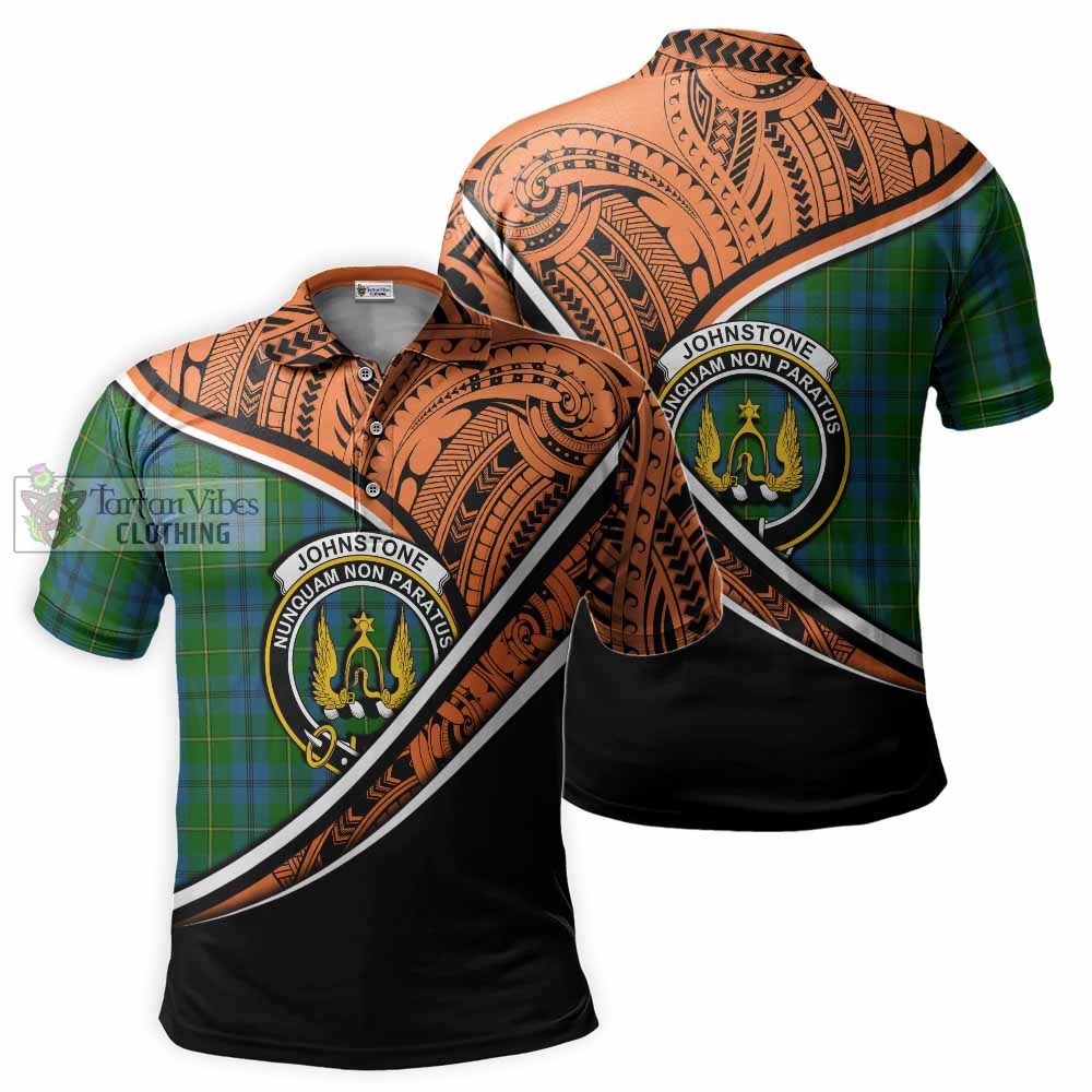 Tartan Vibes Clothing Johnstone (Johnston) Crest Tartan Polo Shirt with Maori Tattoo Style - Orange Version