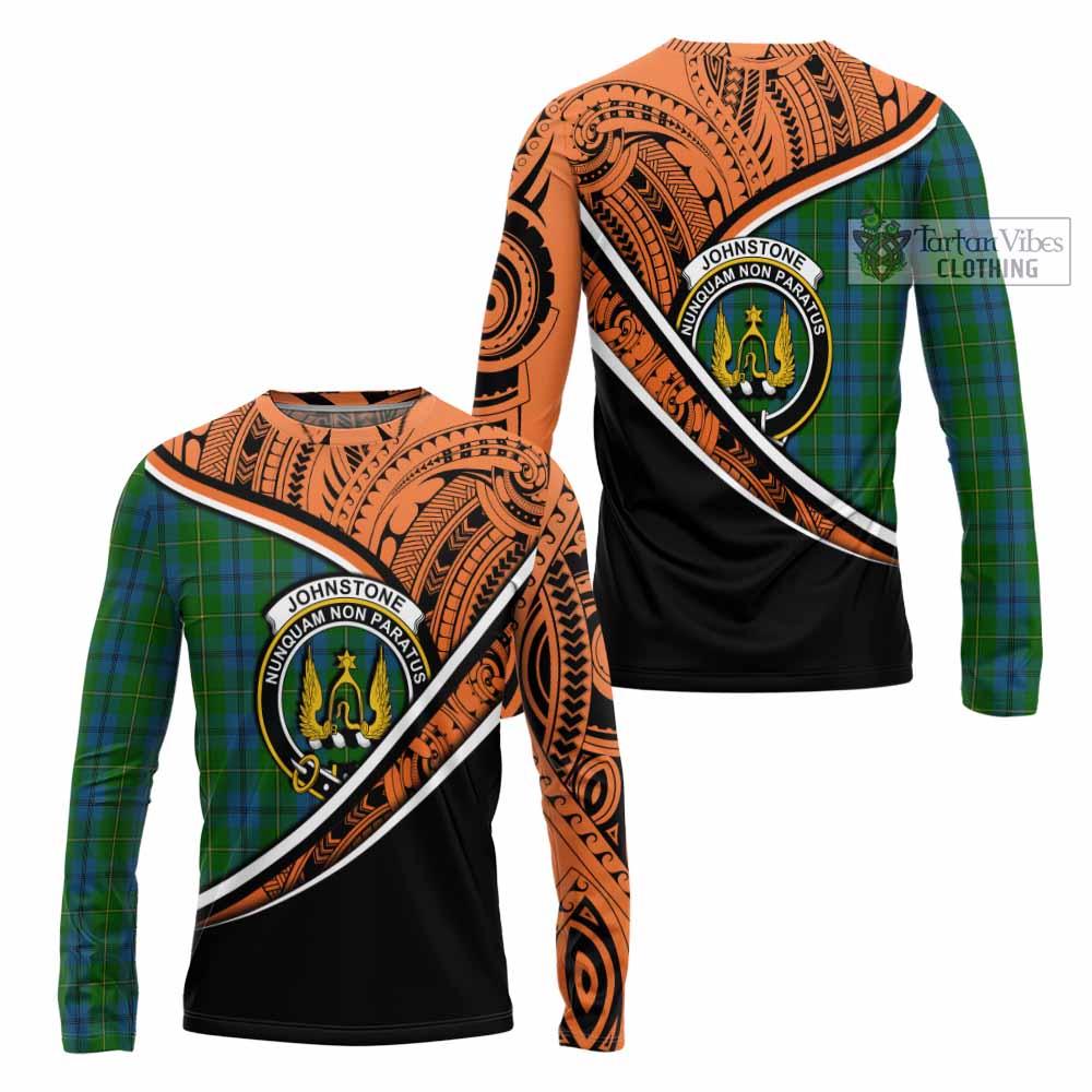 Tartan Vibes Clothing Johnstone (Johnston) Crest Tartan Long Sleeve T-Shirt with Maori Tattoo Style - Orange Version