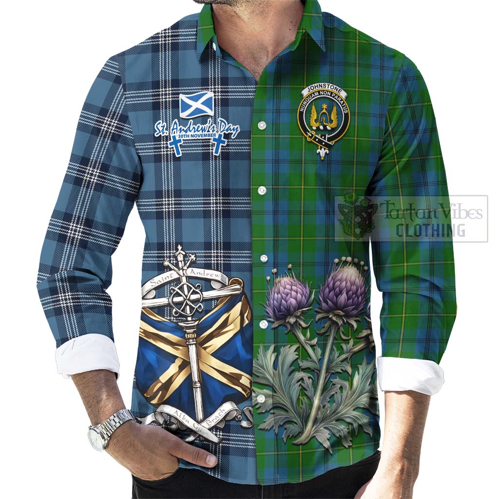 Tartan Vibes Clothing Johnstone (Johnston) Tartan Long Sleeve Button Shirt Happy St. Andrew's Day Half Tartan Style