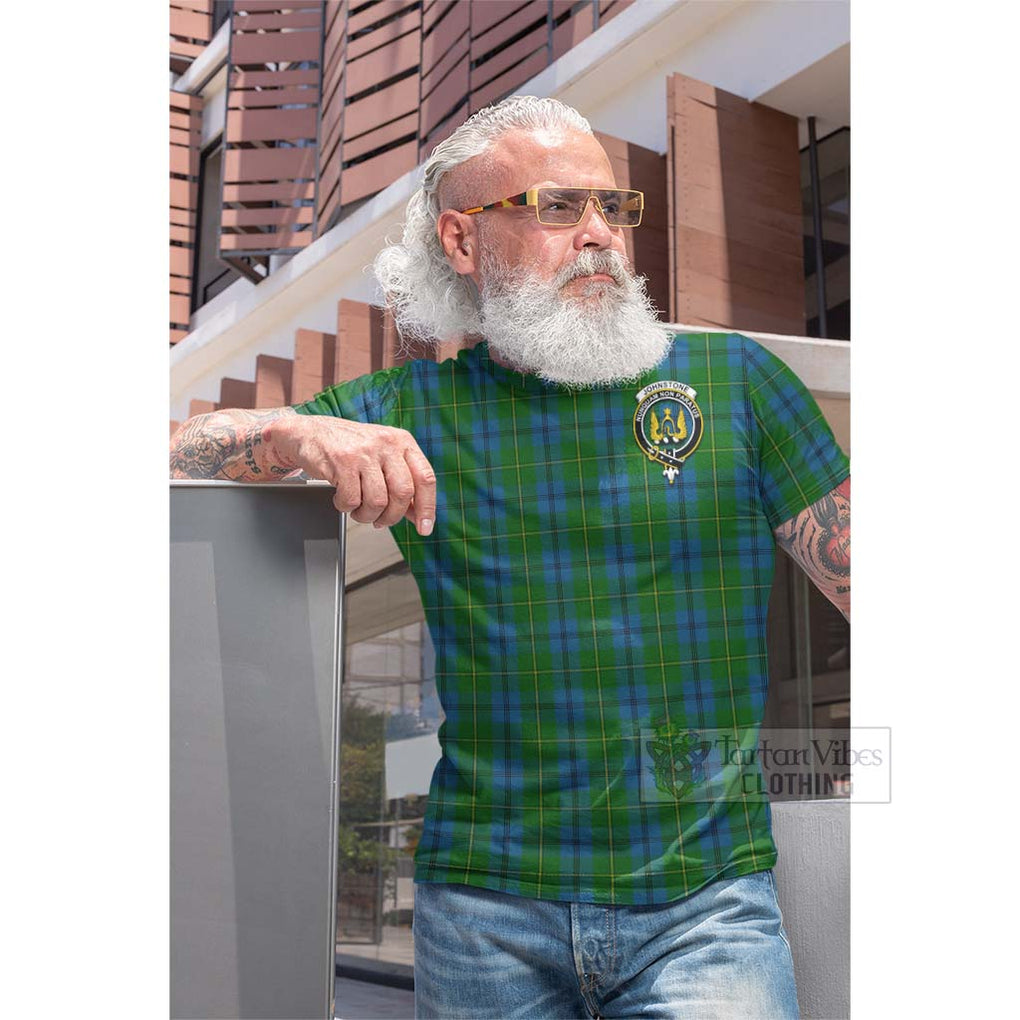 Tartan Vibes Clothing Johnstone (Johnston) Tartan Cotton T-shirt with Family Crest and Bearded Skull Holding Bottles of Whiskey