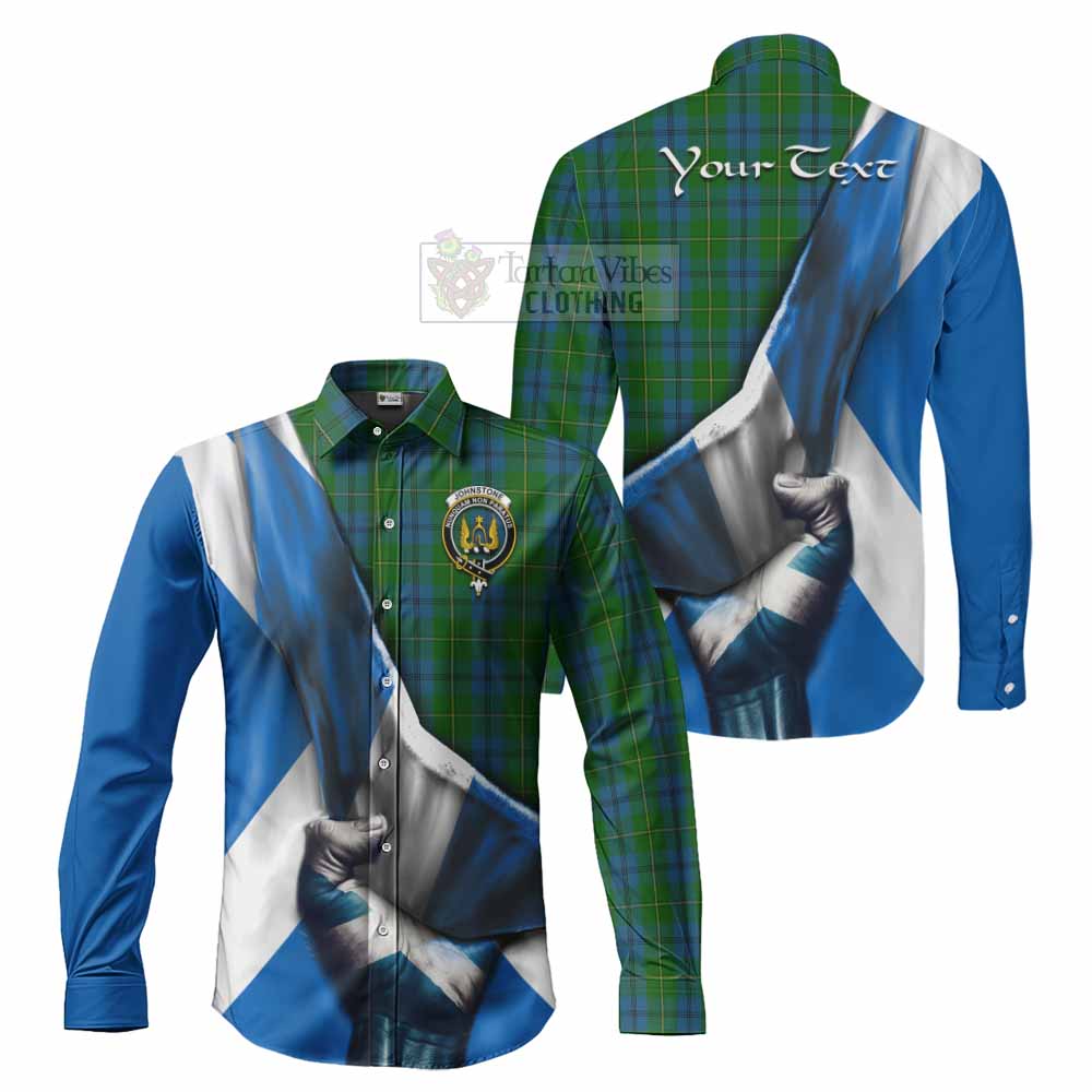 Tartan Vibes Clothing Johnstone (Johnston) Tartan Long Sleeve Button Shirt with Family Crest Scotland Patriotic Style