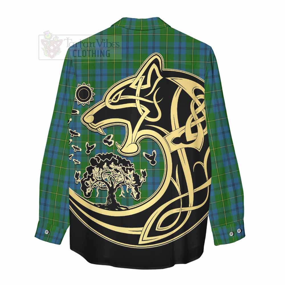 Tartan Vibes Clothing Johnstone (Johnston) Tartan Women's Casual Shirt with Family Crest Celtic Wolf Style