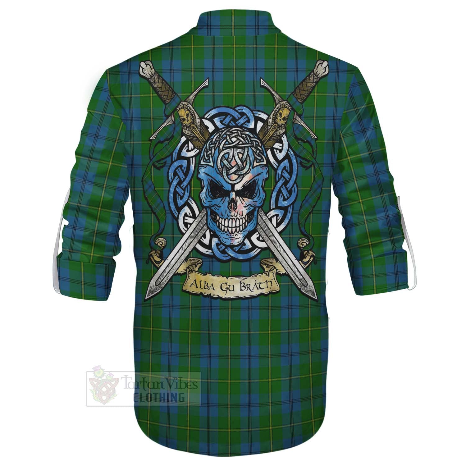 Tartan Vibes Clothing Johnstone (Johnston) Tartan Ghillie Kilt Shirt with Family Crest Celtic Skull Style