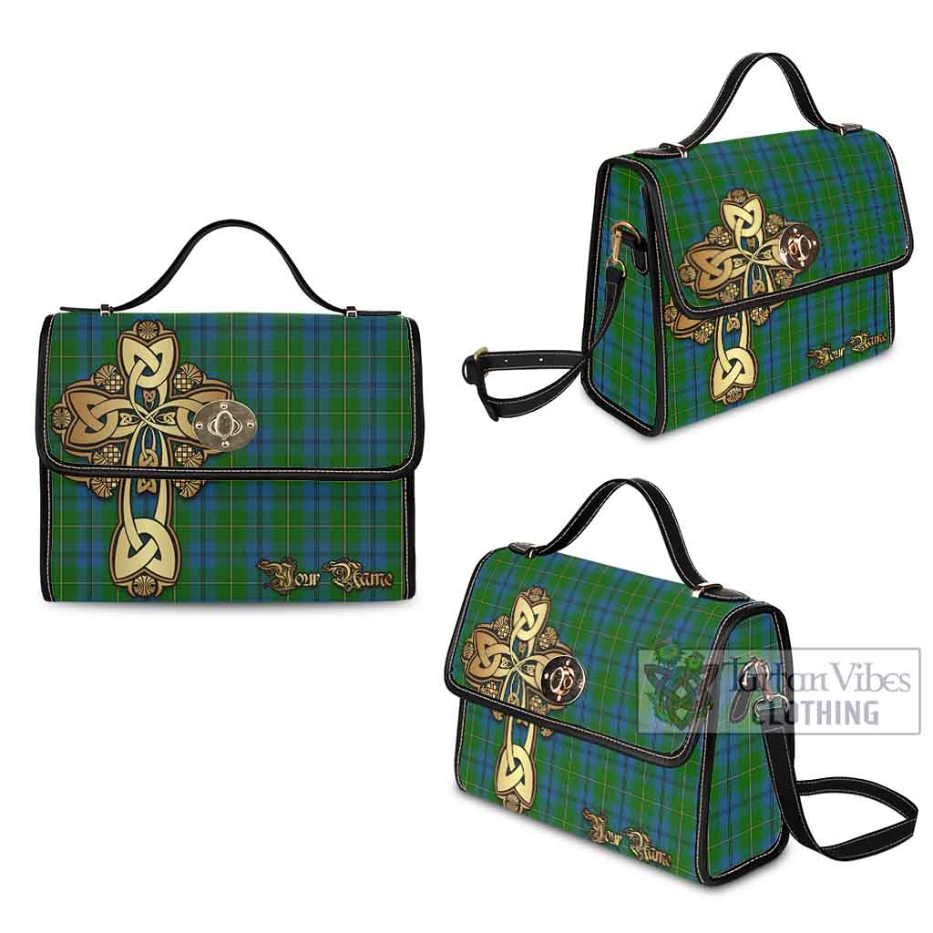 Tartan Vibes Clothing Johnstone (Johnston) Tartan Waterproof Canvas Bag Golden Thistle Celtic Cross Style