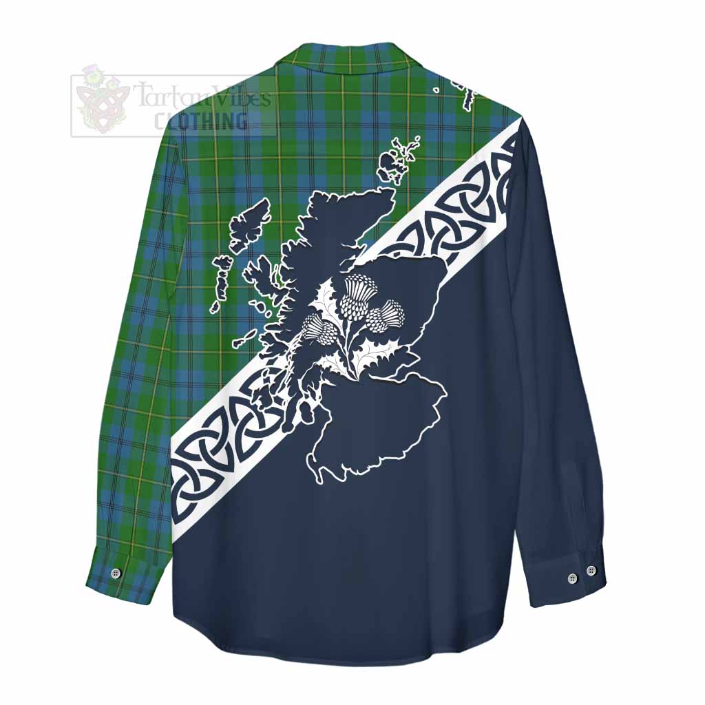 Tartan Vibes Clothing Johnstone (Johnston) Tartan Women's Casual Shirt Featuring Thistle and Scotland Map