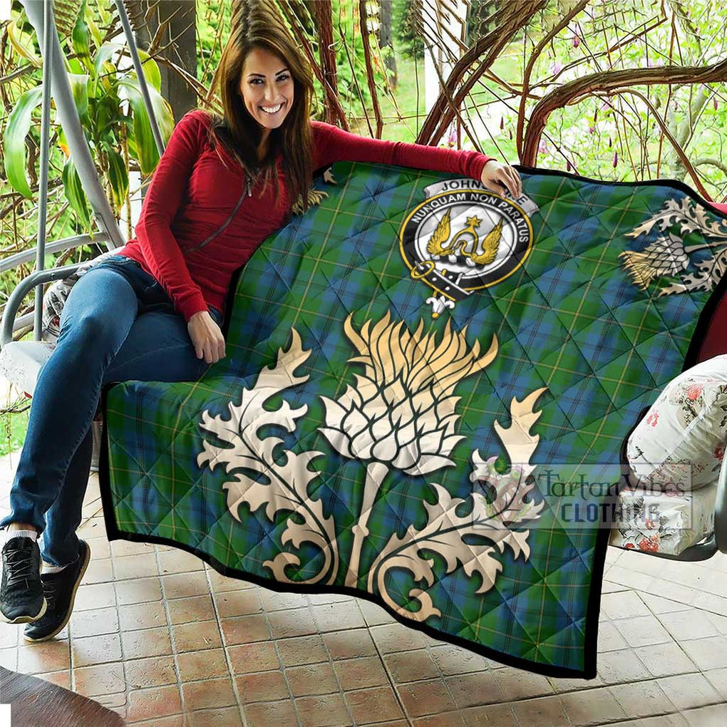 Tartan Vibes Clothing Johnstone (Johnston) Tartan Quilt with Family Crest and Golden Thistle Style