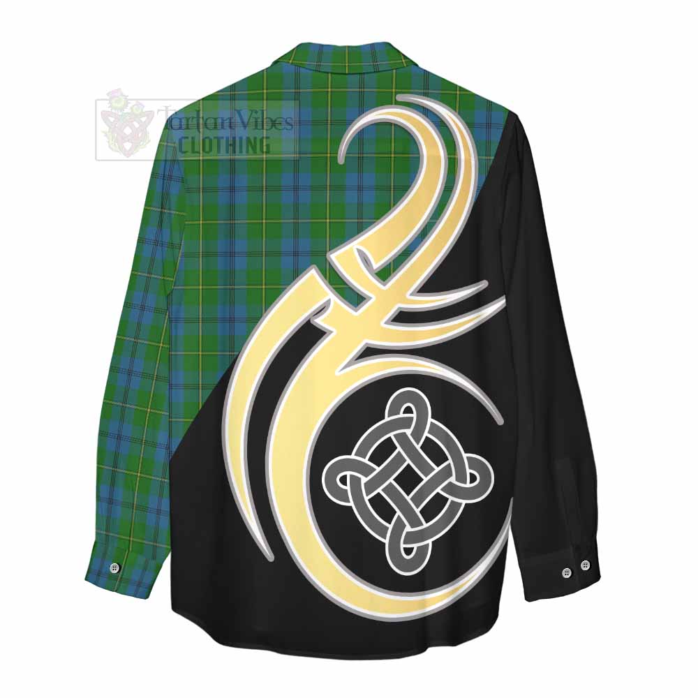 Tartan Vibes Clothing Johnstone (Johnston) Tartan Women's Casual Shirt with Family Crest and Celtic Symbol Style