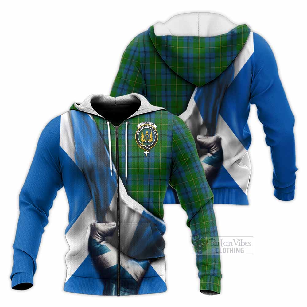 Tartan Vibes Clothing Johnstone (Johnston) Tartan Knitted Hoodie with Family Crest Scotland Patriotic Style